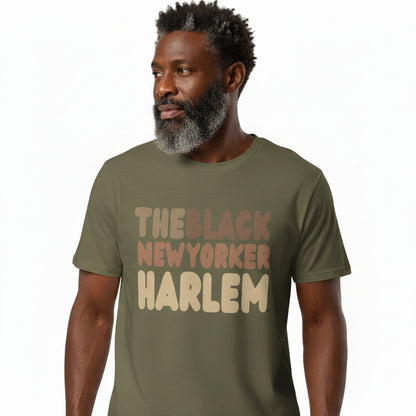 man wearing The Black NewYorker Harlem Premium Unisex T-Shirt in Olive Green