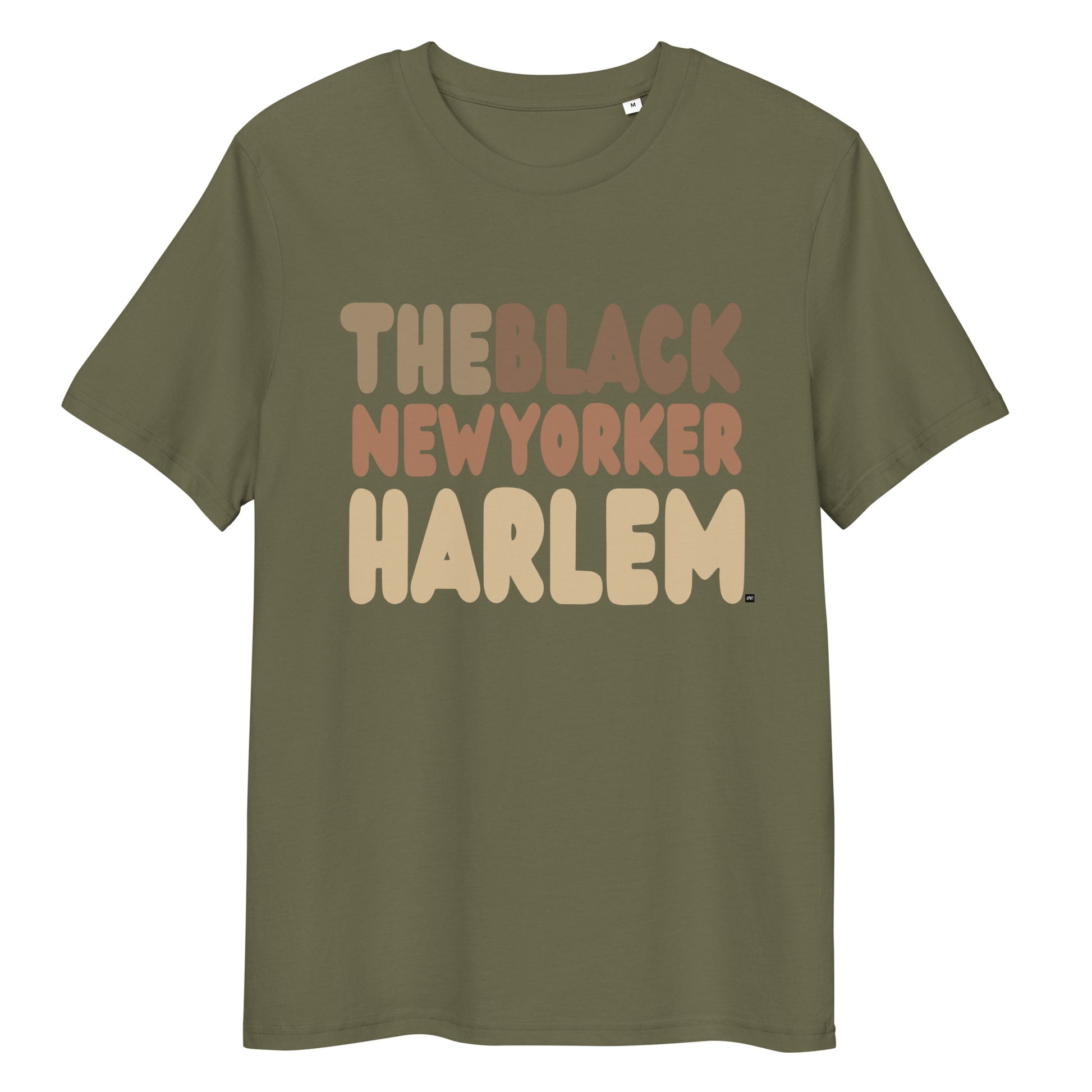 Green t-shirt with 'THE BLACK NEW YORKER HARLEM' text on a white background