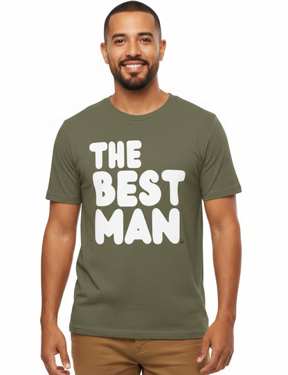 Man wearing the APWT Gift Shops The Best Man Premium Unisex T-Shirt from the APWT Wedding Shop in Olive Green