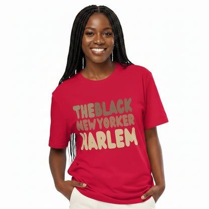 Woman wearing The Black NewYorker Harlem Premium Unisex T-Shirt in Red