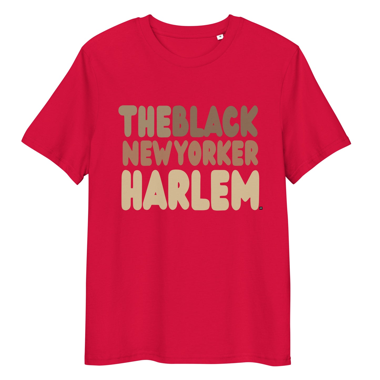 Red t-shirt with 'THEBLACK NEW YORKER HARLEM' text on a white background