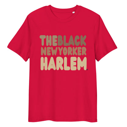 Red t-shirt with 'THEBLACK NEW YORKER HARLEM' text on a white background