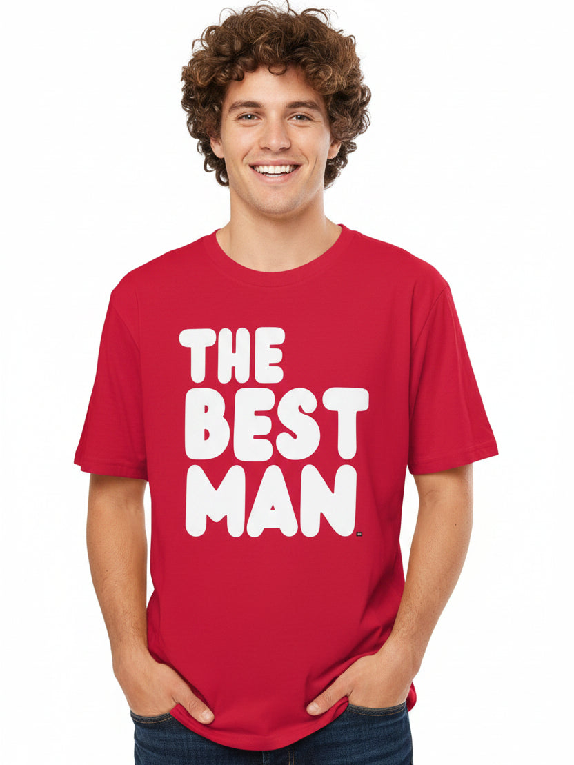 Man wearing the APWT Gift Shops The Best Man Premium Unisex T-Shirt from the APWT Wedding Shop in Red 