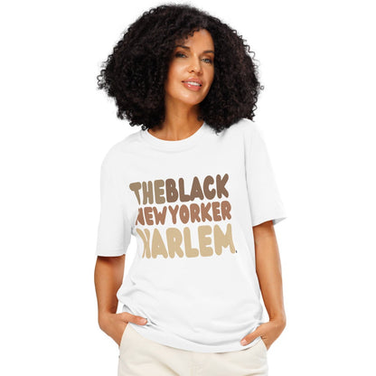 Woman wearing The Black NewYorker Harlem Premium Unisex T-Shirt in White