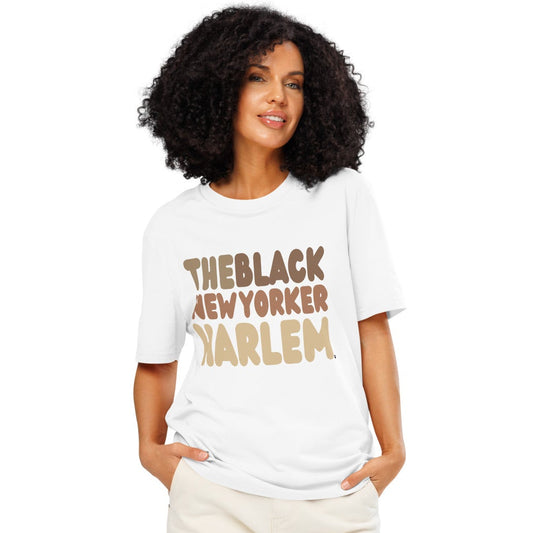 Woman wearing The Black NewYorker Harlem Premium Unisex T-Shirt in White