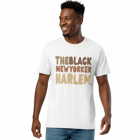 man wearing The Black NewYorker Harlem Premium Unisex T-Shirt in White