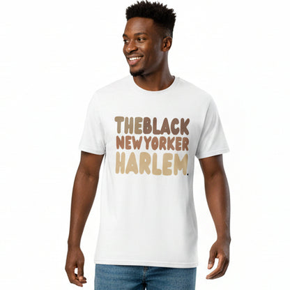 man wearing The Black NewYorker Harlem Premium Unisex T-Shirt in White