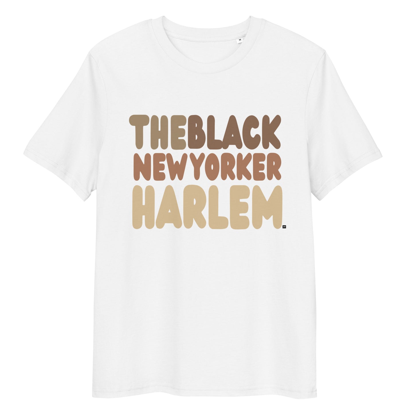 White t-shirt with 'THEBLACK NEWYORKER HARLEM' text in brown on a white background