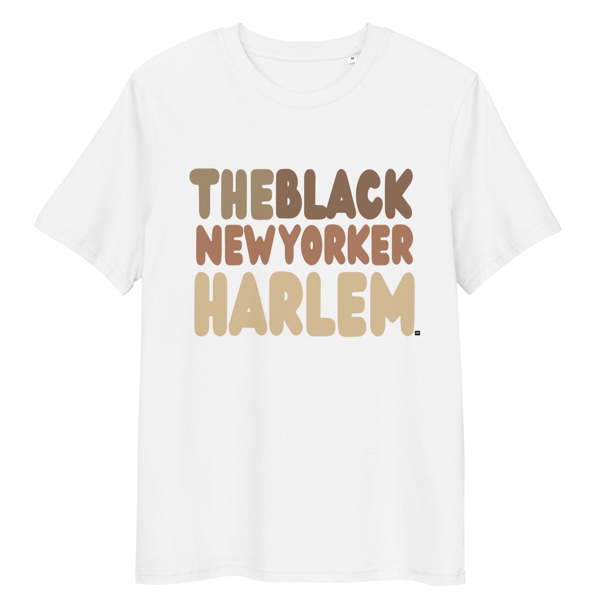 White t-shirt with 'THEBLACK NEWYORKER HARLEM' text in brown on a white background