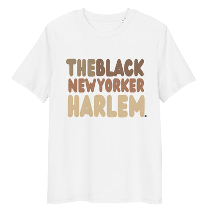 White t-shirt with 'THEBLACK NEWYORKER HARLEM' text in brown on a white background