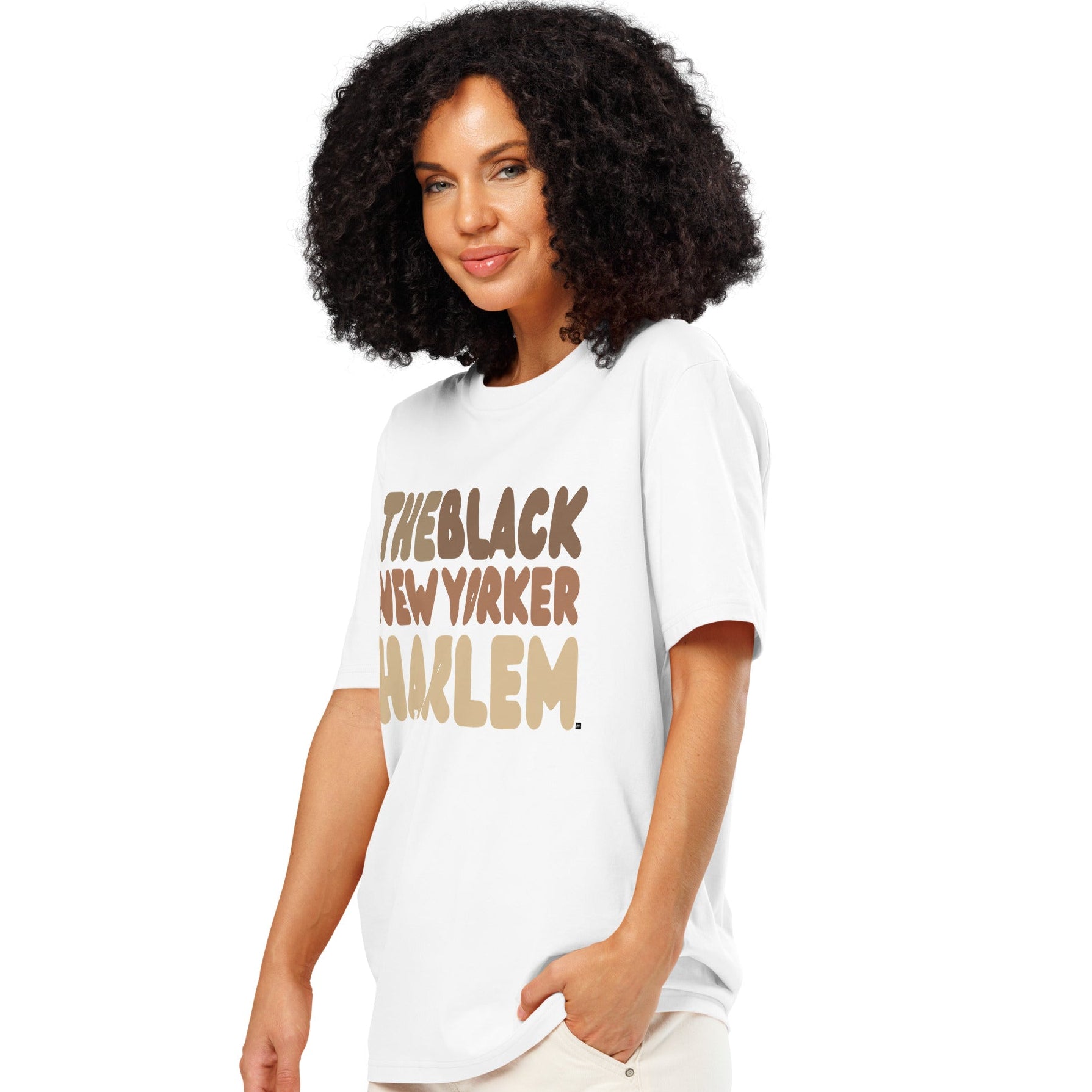 Woman wearing The Black NewYorker Harlem Premium Unisex T-Shirt in White Side
