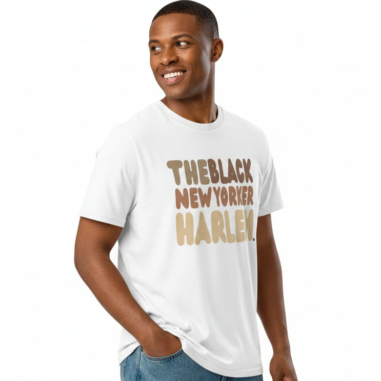 man wearing The Black NewYorker Harlem Premium Unisex T-Shirt in White Side