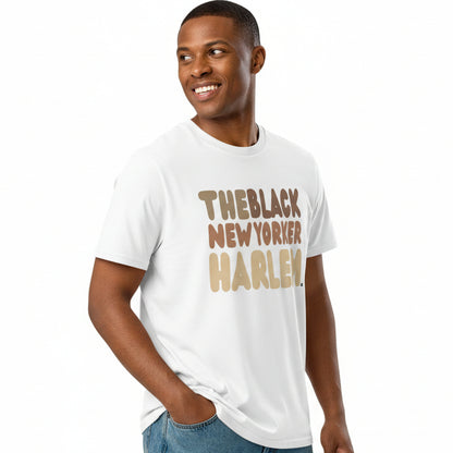 man wearing The Black NewYorker Harlem Premium Unisex T-Shirt in White Side
