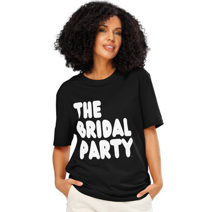 Woman wearing the APWT Gift Shop's the Bridal Party Premium Unisex T-Shirt in from the APWT Wedding Shop in Black