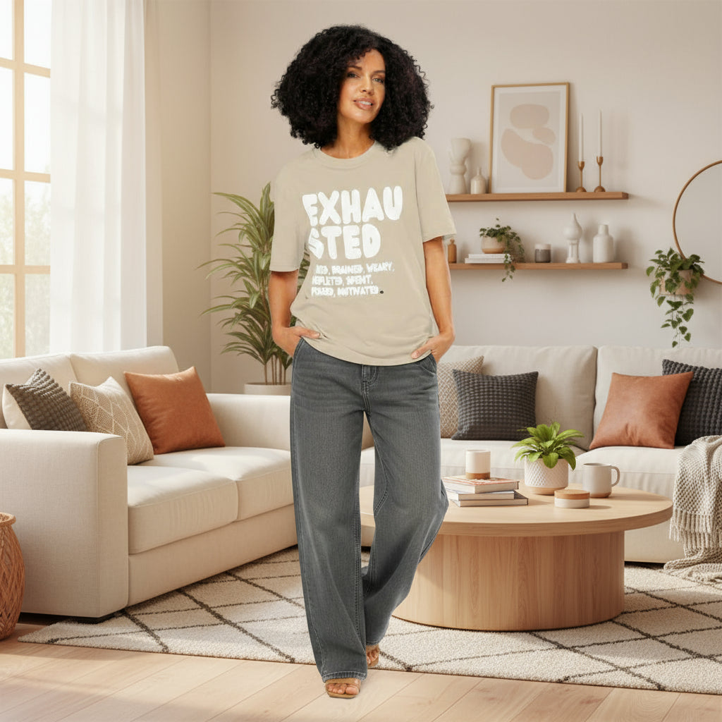 Exhausted in Beige and White Premium Unisex T-Shirt - The APWT Gift Shop