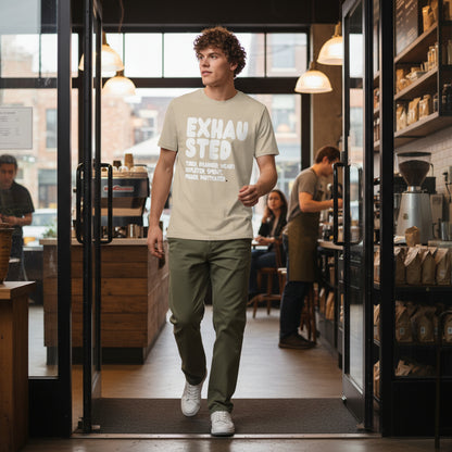 Exhausted in Beige and White Premium Unisex T-Shirt - The APWT Gift Shop