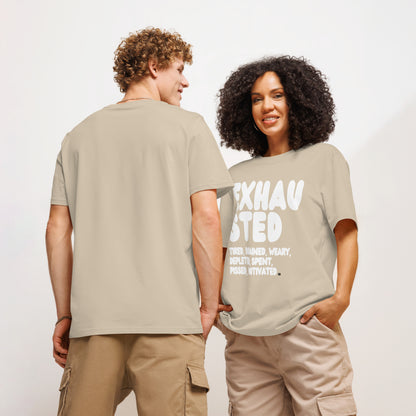 Exhausted in Beige and White Premium Unisex T-Shirt - The APWT Gift Shop