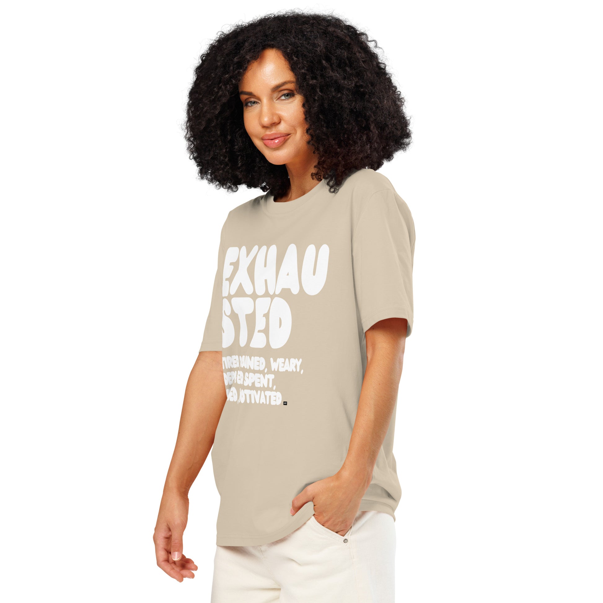 Exhausted in Beige and White Premium Unisex T-Shirt - The APWT Gift Shop