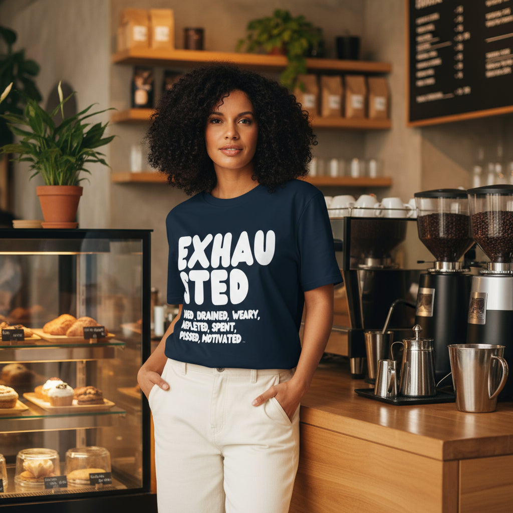 Exhausted in Blue and White Premium Unisex T-Shirt - The APWT Gift Shop