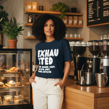 Exhausted in Blue and White Premium Unisex T-Shirt - The APWT Gift Shop