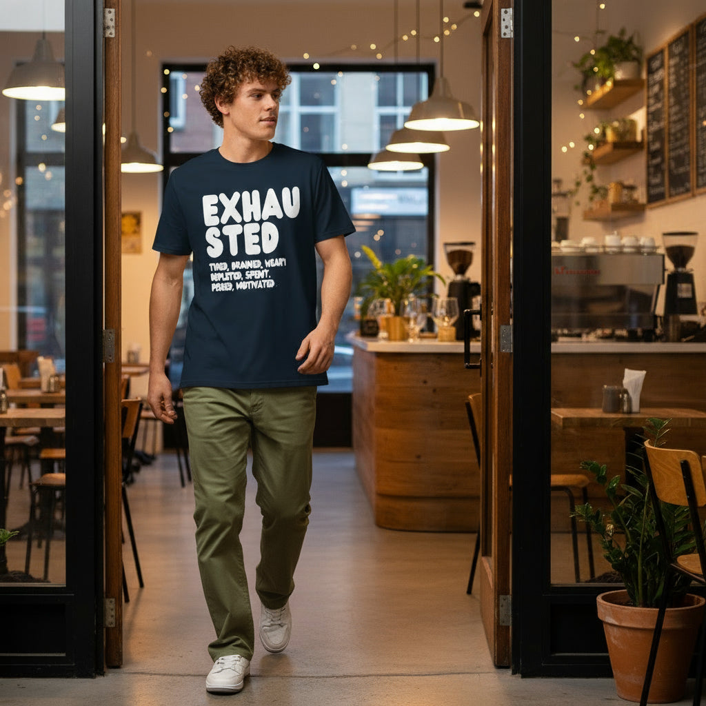 Exhausted in Blue and White Premium Unisex T-Shirt - The APWT Gift Shop