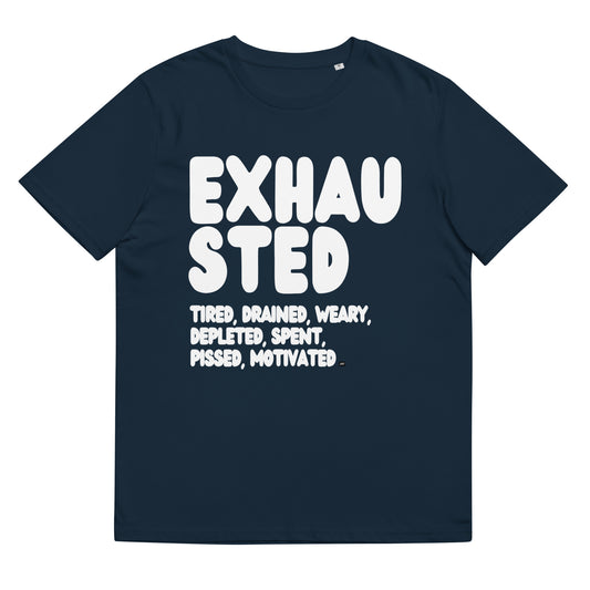 Exhausted in Blue and White Premium Unisex T-Shirt - The APWT Gift Shop