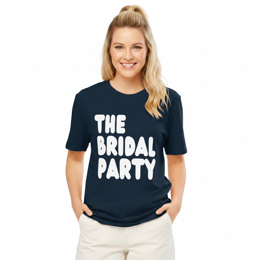 Woman wearing the APWT Gift Shop's the Bridal Party Premium Unisex T-Shirt in from the APWT Wedding Shop in Navy Blue