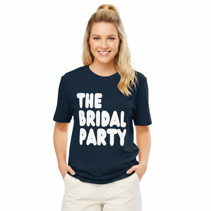 Woman wearing the APWT Gift Shop's the Bridal Party Premium Unisex T-Shirt in from the APWT Wedding Shop in Navy Blue