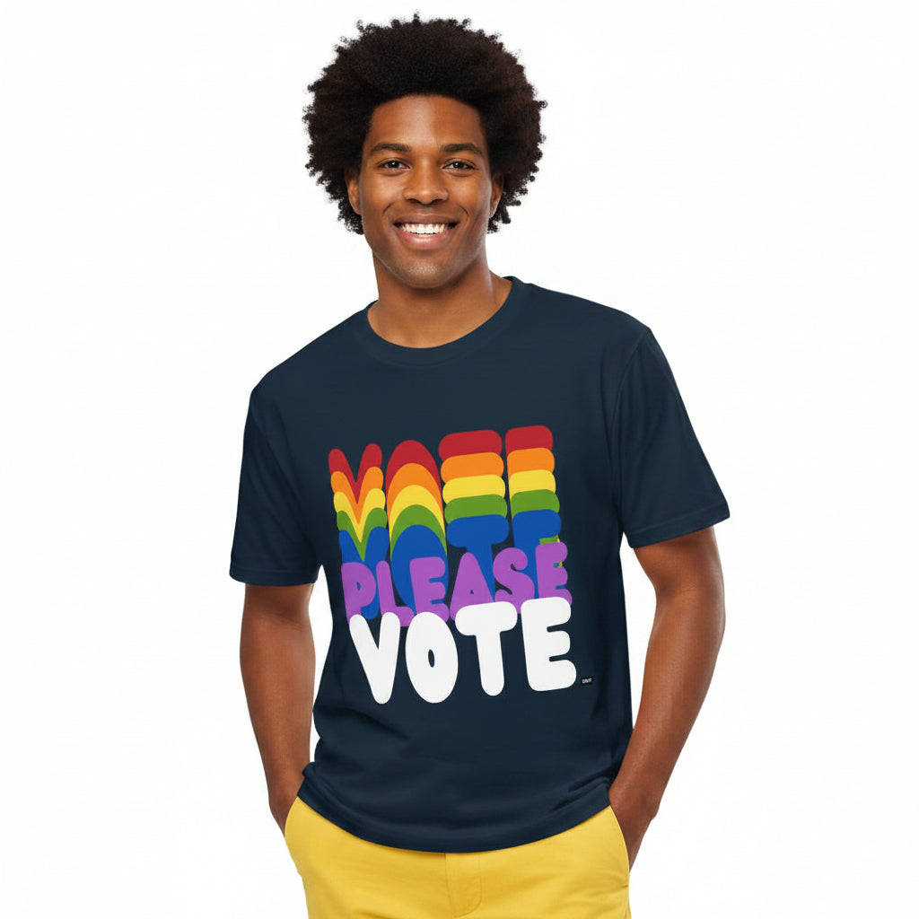 Man wearing the APWT Gift Shop's Please Vote in Color Premium Unisex T-Shirt from the Pride in the APWT Gift Shop Collection and the APWT Vote Shop