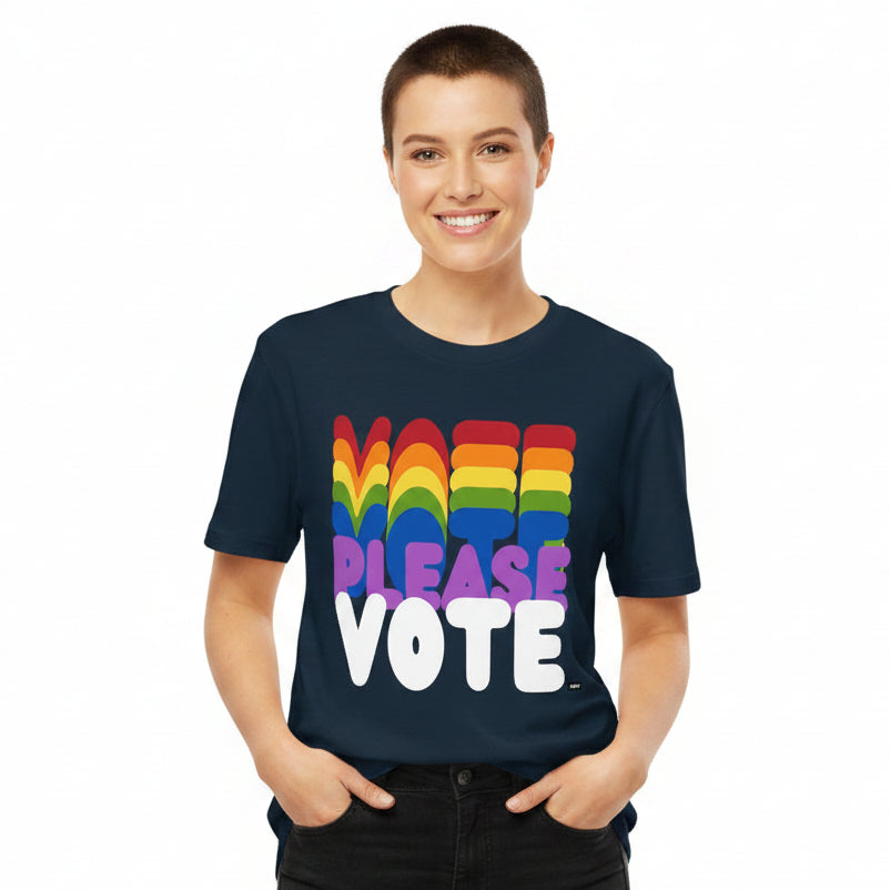 Woman wearing the APWT Gift Shop's Please Vote in Color Premium Unisex T-Shirt from the Pride in the APWT Gift Shop Collection and the APWT Vote Shop