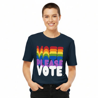 Woman wearing the APWT Gift Shop's Please Vote in Color Premium Unisex T-Shirt from the Pride in the APWT Gift Shop Collection and the APWT Vote Shop