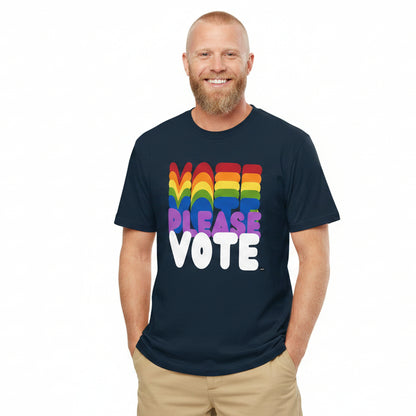 Man wearing the APWT Gift Shop's Please Vote in Color Premium Unisex T-Shirt from the Pride in the APWT Gift Shop Collection and the APWT Vote Shop
