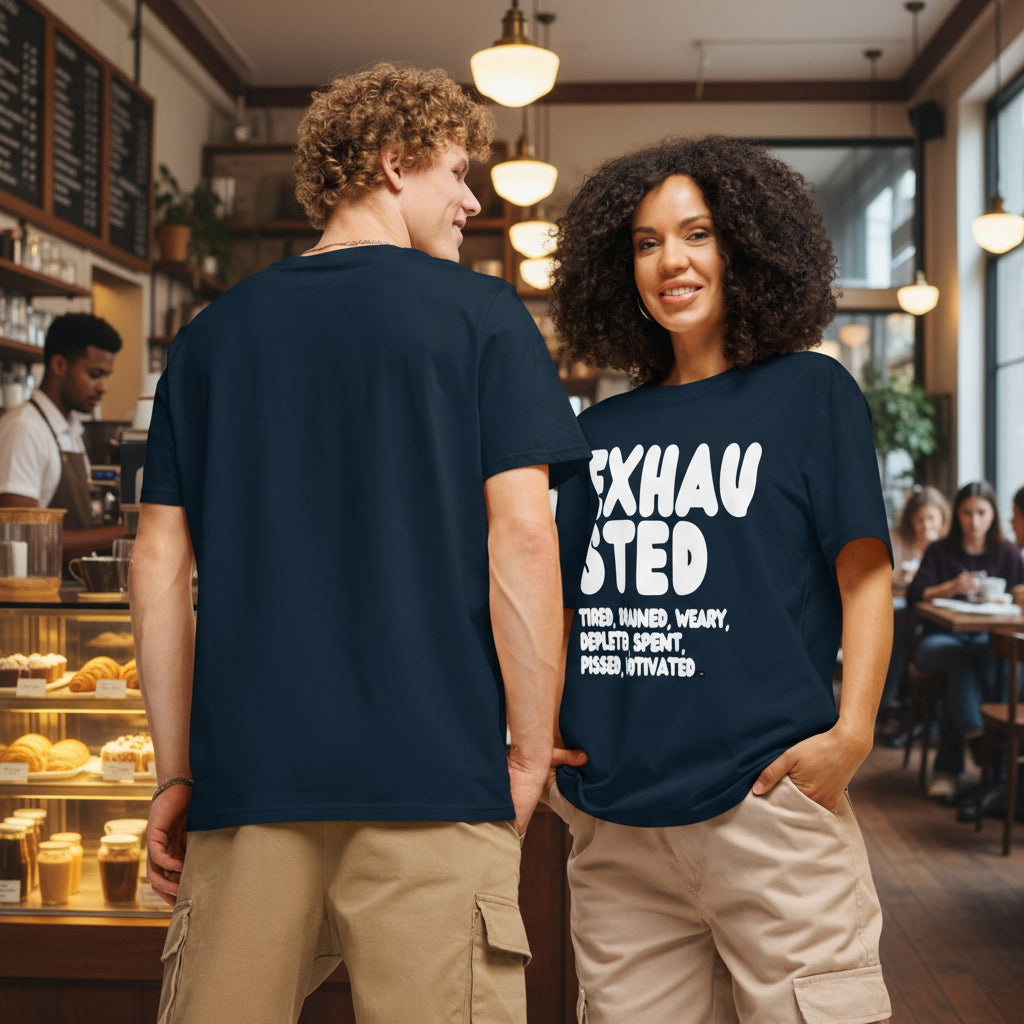 Exhausted in Blue and White Premium Unisex T-Shirt - The APWT Gift Shop