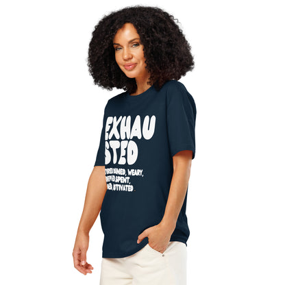 Exhausted in Blue and White Premium Unisex T-Shirt - The APWT Gift Shop