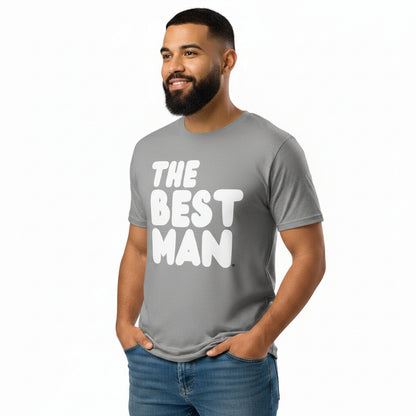 Man wearing the APWT Gift Shops The Best Man Premium Unisex T-Shirt from the APWT Wedding Shop in Grey