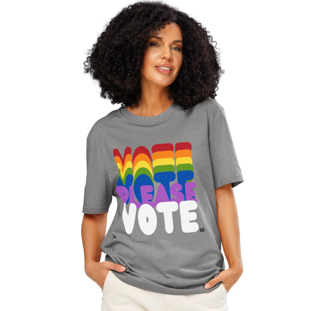 Woman wearing the APWT Gift Shop's Please Vote in Color Premium Unisex T-Shirt from the Pride in the APWT Gift Shop Collection and the APWT Vote Shop