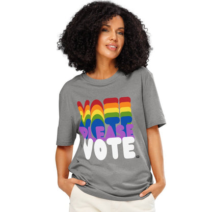 Woman wearing the APWT Gift Shop's Please Vote in Color Premium Unisex T-Shirt from the Pride in the APWT Gift Shop Collection and the APWT Vote Shop