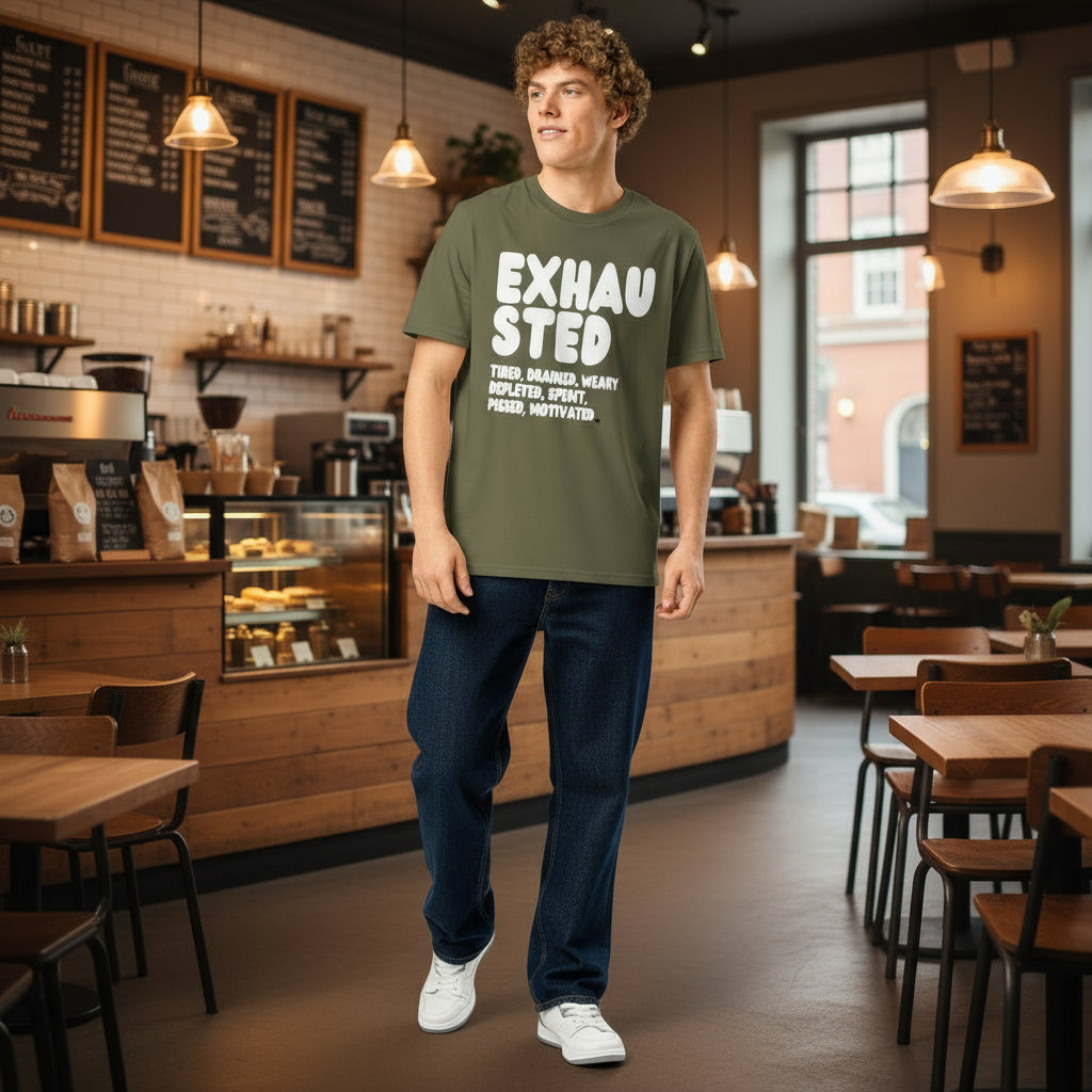 Exhausted in Green ad White Premium Unisex T-Shirt - The APWT Gift Shop