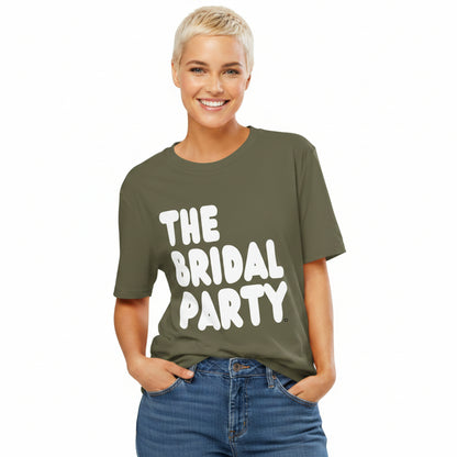 Woman wearing the APWT Gift Shop's the Bridal Party Premium Unisex T-Shirt in from the APWT Wedding Shop in Olive Green