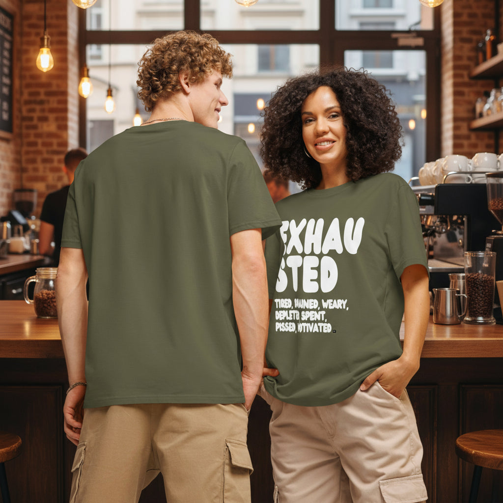 Exhausted in Green ad White Premium Unisex T-Shirt - The APWT Gift Shop