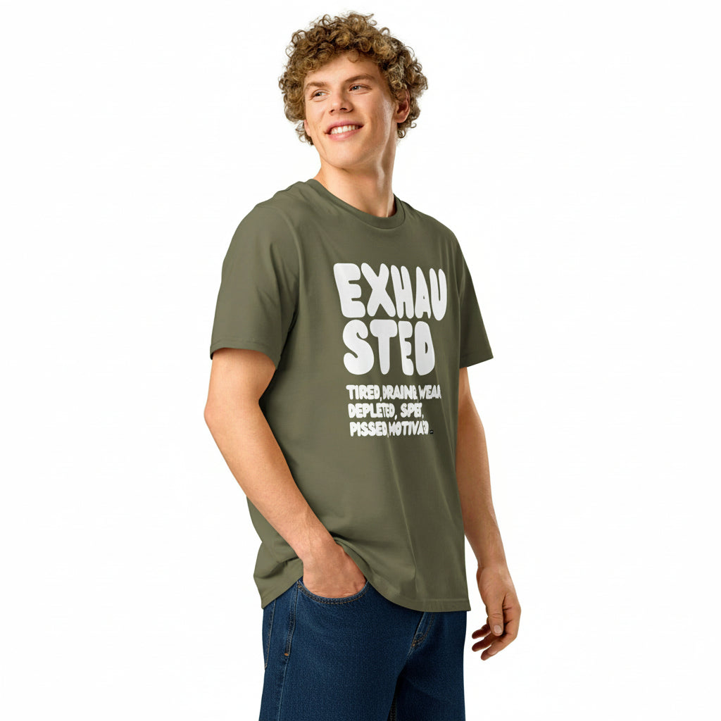 Exhausted in Green ad White Premium Unisex T-Shirt - The APWT Gift Shop