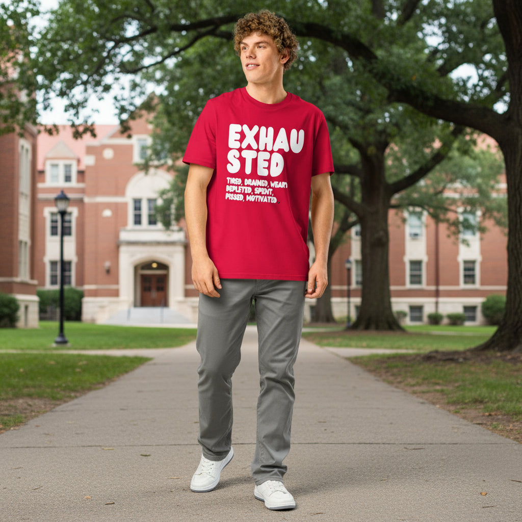 Exhausted in Red and White Premium Unisex T-Shirt - The APWT Gift Shop