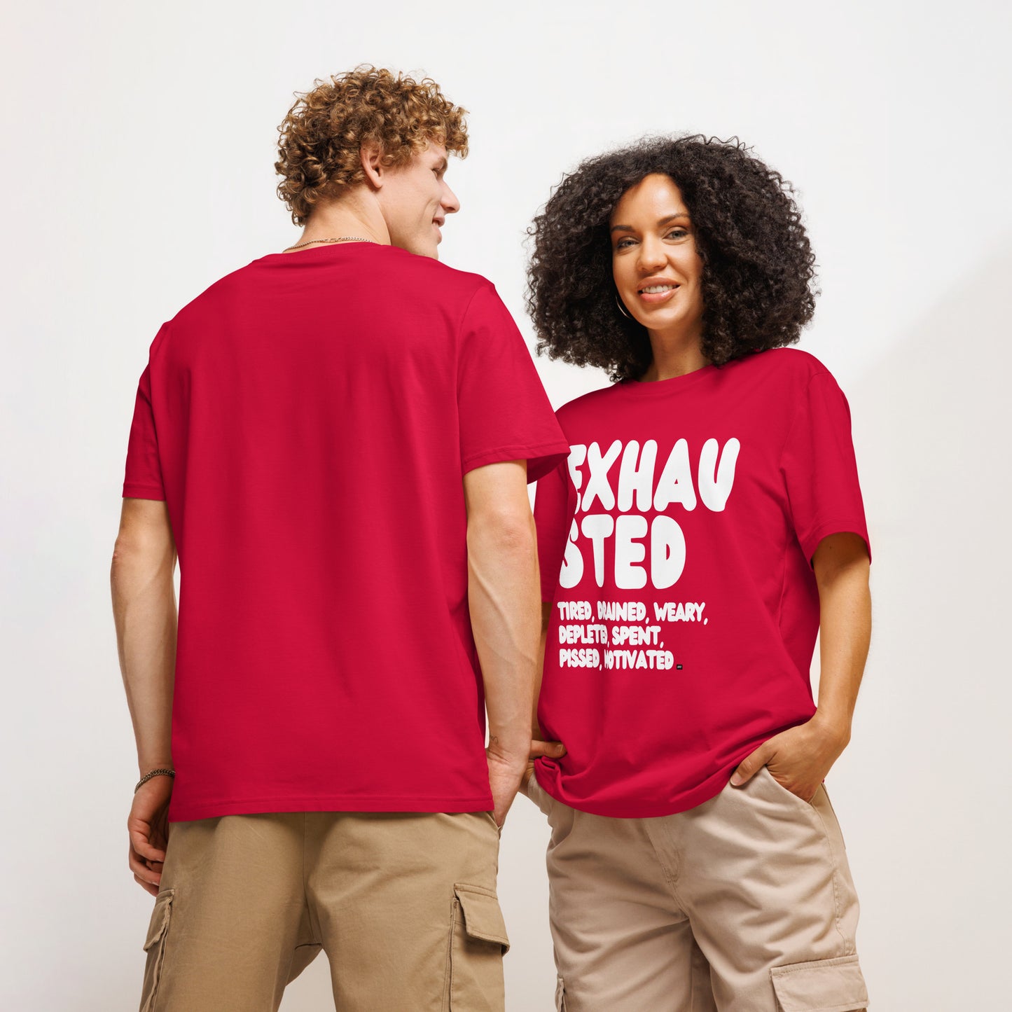 Exhausted in Red and White Premium Unisex T-Shirt - The APWT Gift Shop