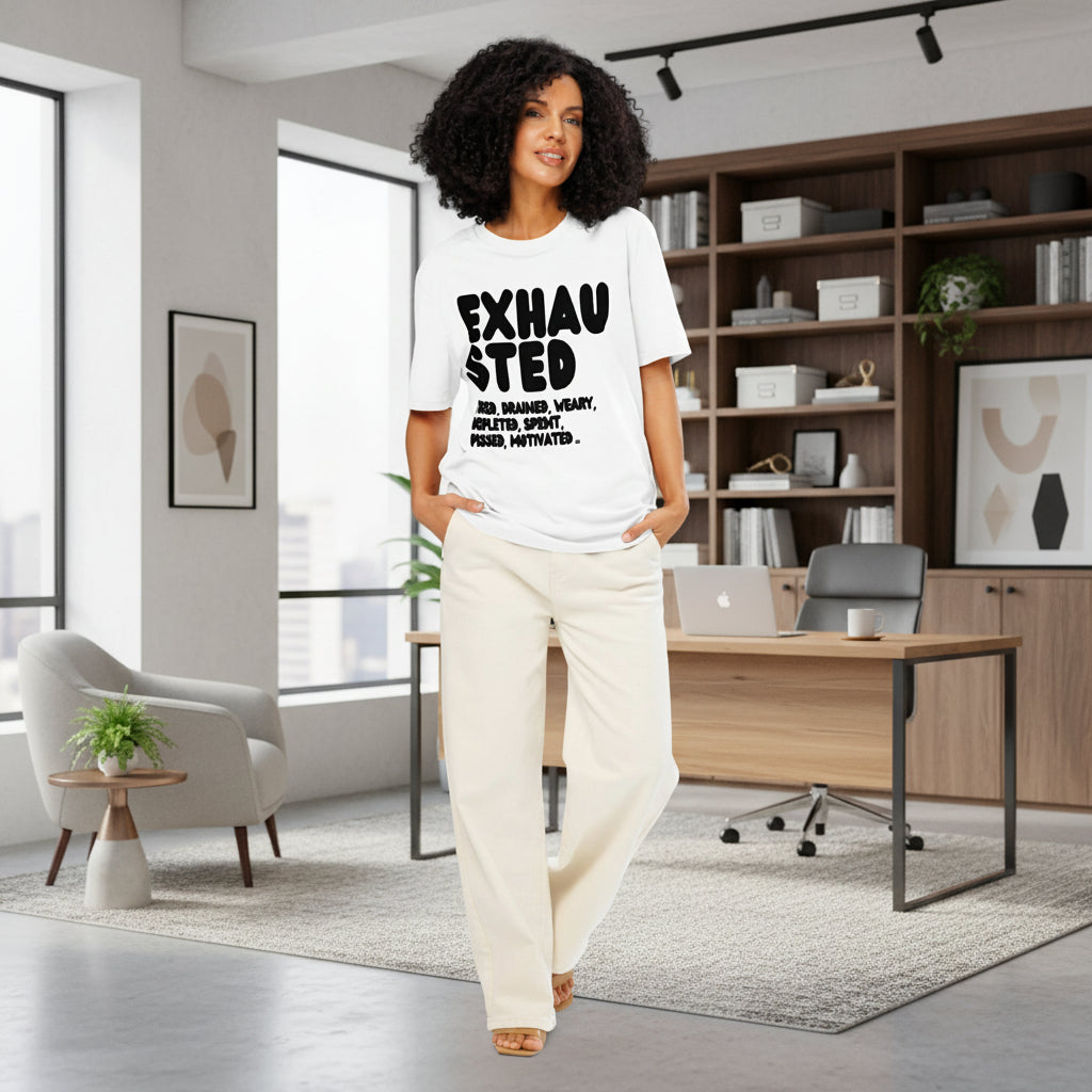Exhausted in Black and White Premium Unisex White T-Shirt - The APWt Gift Shop