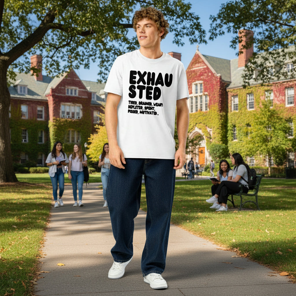 Exhausted in Black and White Premium Unisex White T-Shirt - The APWt Gift Shop