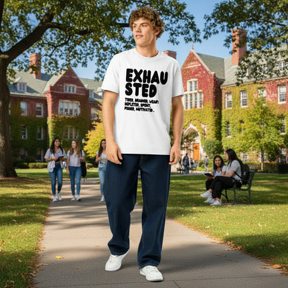 Exhausted in Black and White Premium Unisex White T-Shirt - The APWt Gift Shop