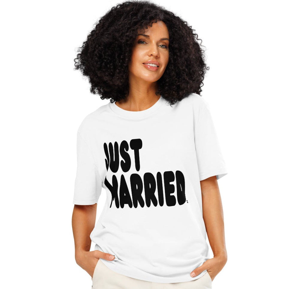 Woman wearing Just Married Premium Unisex White T-Shirt
