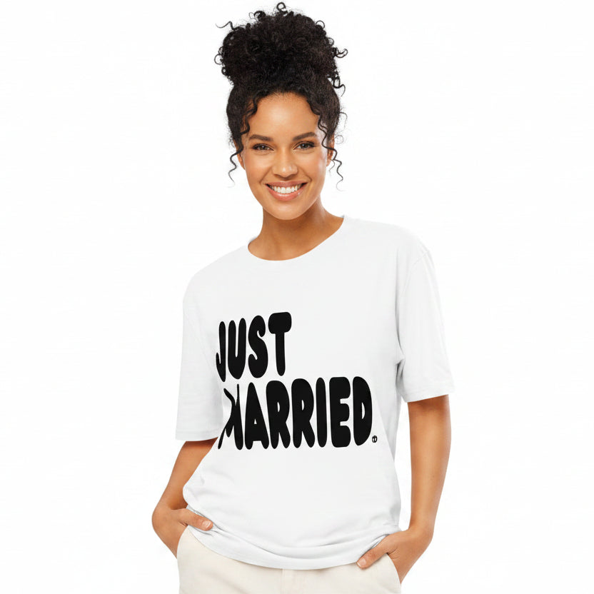 Woman wearing the APWT Gift Shop's Just Married Premium Unisex White T-Shirt from the APWT Wedding Shop