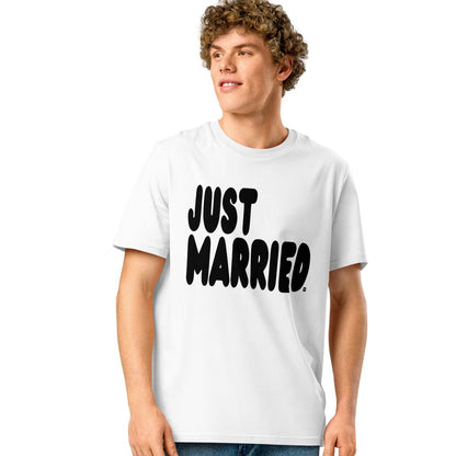 Man wearing Just Married Premium Unisex White T-Shirt