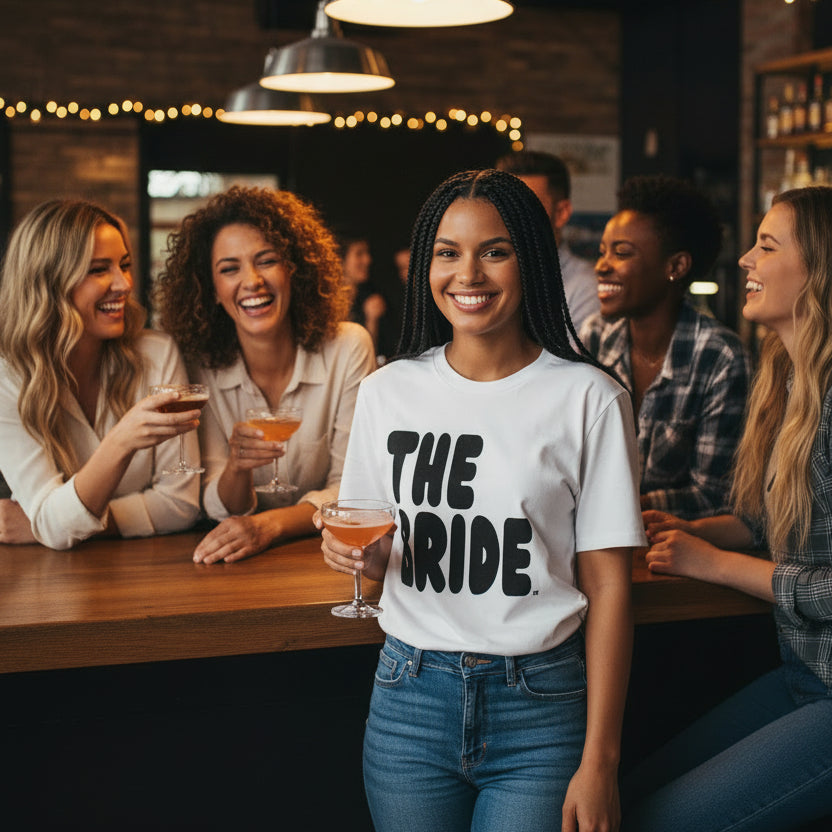 Woman at bar with friends wearing the APWT Gift Shop's The Bride Premium White T-Shirt